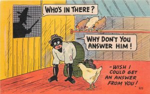 F73/ Black Americana Postcard Linen Comic Chicken Thief Coup Farmer 14