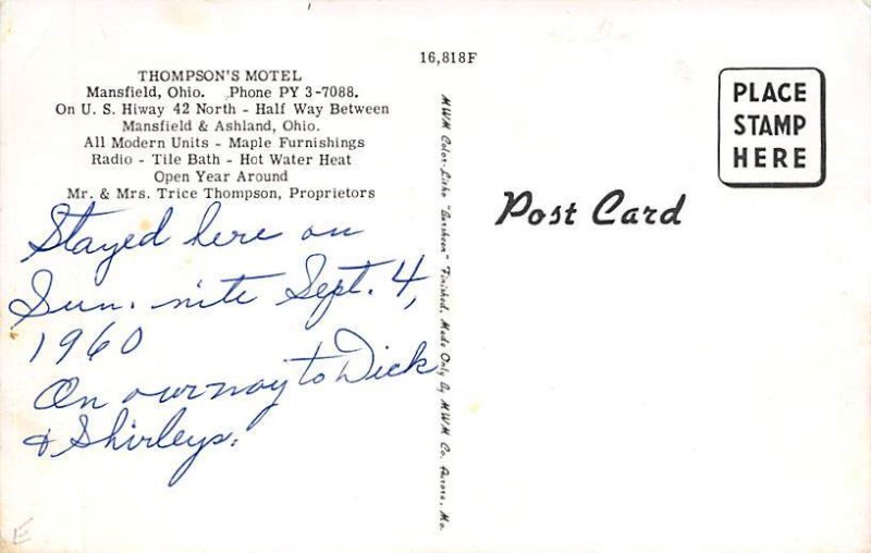 Thompson's Motel Mansfield, Ohio OH Postcard