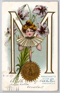 Massachusetts State Girl Seal And Flower Turks-Cap Lily Postcard X23