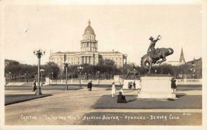 RPPC Capitol - Bronco Buster Statues DENVER Colorado 1929 Vintage Postcard