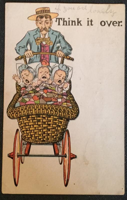 Vintage Postcard Used “Think it Over” Man/3 babies LB