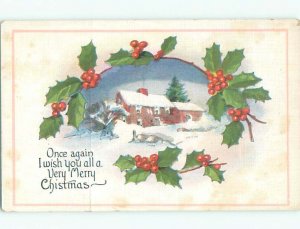 Pre-Linen christmas SNOW-COVERED HOUSE SURROUNDED BY HOLLY k1533