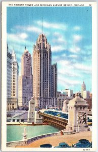 VINTAGE POSTCARD VIEW OF THE TRIBUNE TOWER & MICHIGAN AVE BRIDGE CHICAGO c. 1940