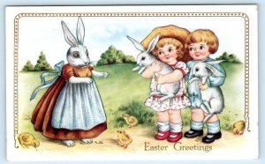 EASTER GREETINGS ~ Embossed DRESSED RABBIT & Children 1917 Whitney Postcard