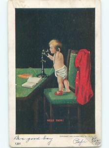 Pre-Linen BOY IN DIAPER USES ANTIQUE CANDLESTICK TELEPHONE AC1886