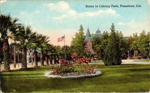 Scene LIbrary Park Pasadena California Postcard Flag WOB NOte 1c Stamp Cancel PM 