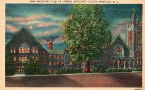 Vintage Postcard 1920's Night Time Central Methodist Church Asheville N.C.