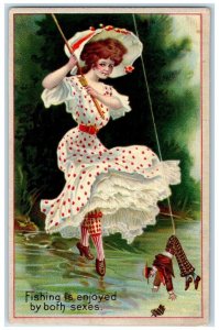 1910 Pretty Woman Big Hat Polka Dress Fishing Embossed Posted Antique Postcard