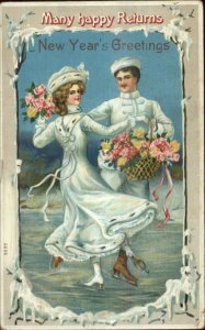 New Year - Romance Ice Skating Pretty Woman c1910 Postcard