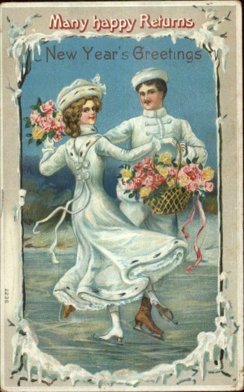 New Year - Romance Ice Skating Pretty Woman c1910 Postcard