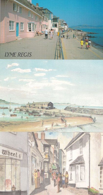 Lyme Regis Dorset Shops Promenade 3x Painting Postcard s