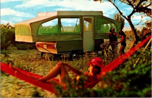 Postcard Apache Mesa Camping Trailer on Display at Apache