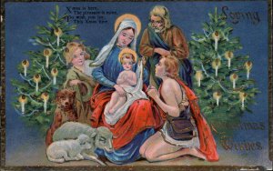 Christmas Nativity Baby Jesus Mary Lambs Dog c1910 Gel Vintage Postcard