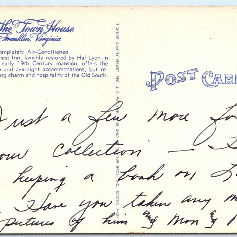 c1940s Franklin, VA Town House Inn Hotel Hal Lyon Mansion Linen Postcard A177