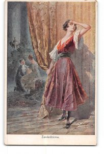 Polish Artist Signed Postcard 1915-1930 Zawiedziona Woman Disappointed