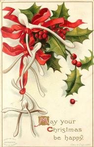 c1908 Embossed Christmas Postcard A/S Ellen Clapsaddle Wishbones & Holly Posted