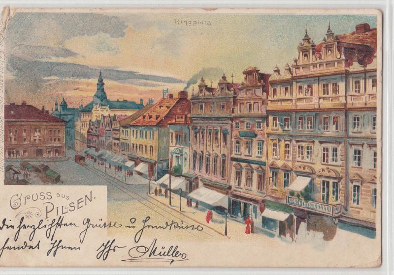 Czech Republic Litho Chromo Gruss aus Pilsen Plzeň Plzen Ringplatz