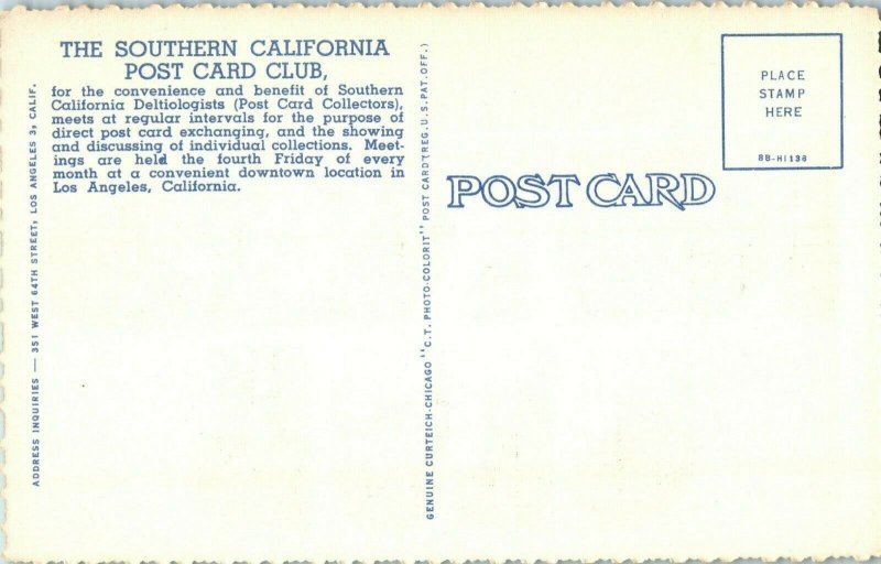 1949 Southern California POSTCARD CLUB Large Letter Postcard Curteich Linen
