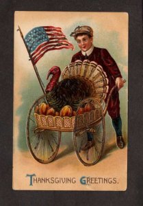 Thanksgiving Greetings Patriotic Postcard Boy Cart Turkey US Flag glitter