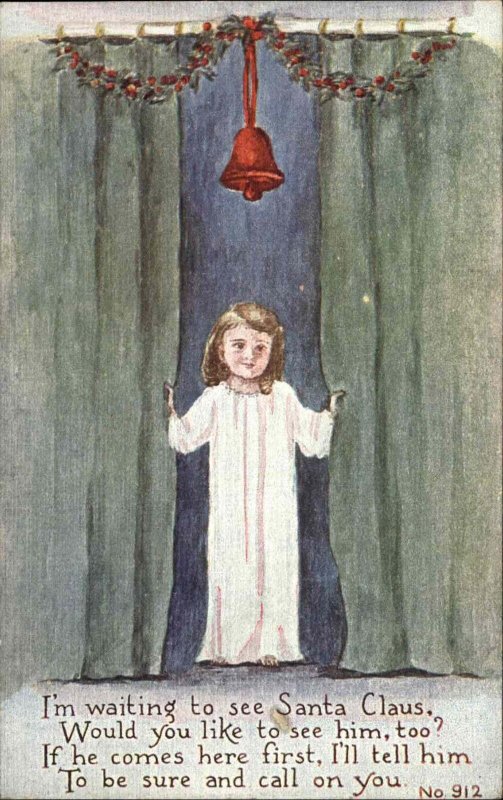 Christmas Cute Little Girl Waiting for Santa Claus c1910 Vintage Postcard