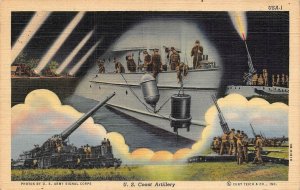 Military   US COAST ARTILLERY  Ship~Guns  WWII  c1940's Curteich Linen Postcard