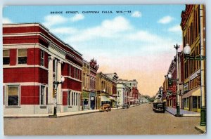 Chippewa Falls Wisconsin Postcard Bridge Street Scene Buildings Classic Car 1940