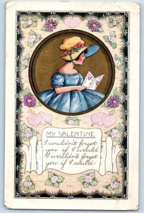 Valentine Postcard Pretty Girl Hearts Dart And Flowers Embossed Danby Vermont VT