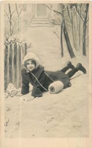 Winter fantasy girl felt snow ice accident letter flowers vintage postcard