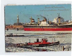 Postcard Harbor with St. Michael's Church Winter Time Hamburg Germany