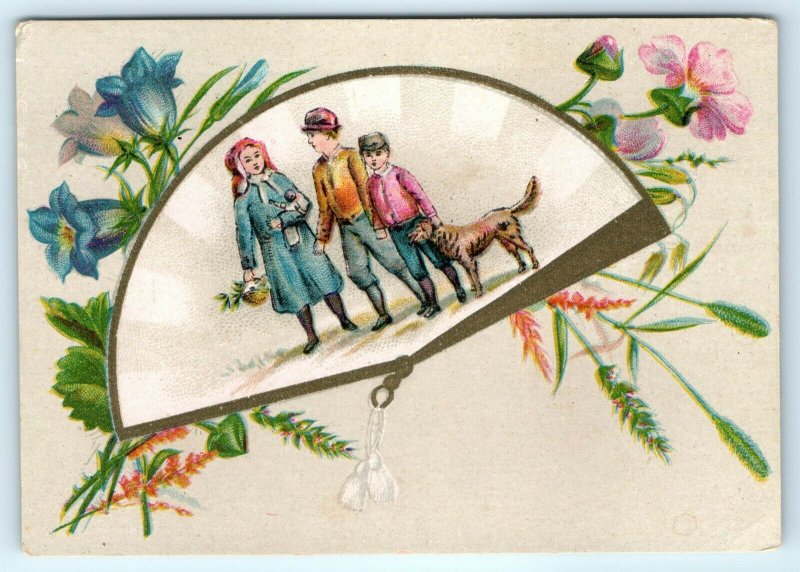 c1880s Stock Victorian Trade Card Blank No Advertising Hand Fan Child Dog C20