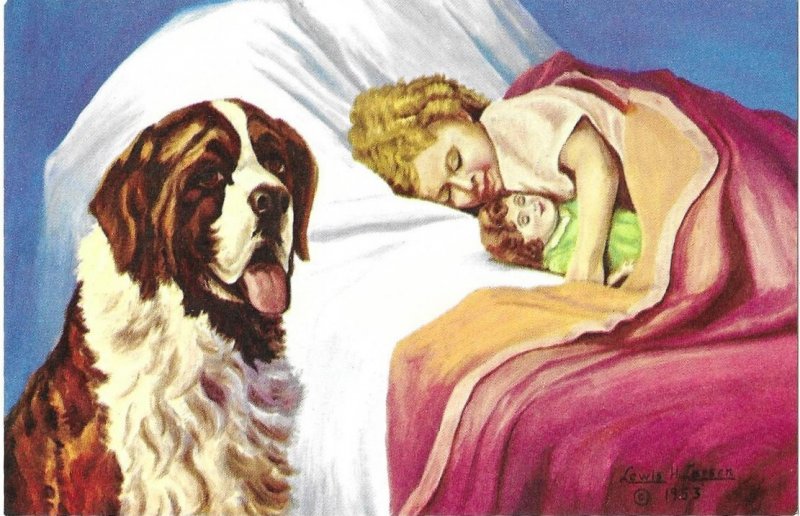 The St. Bernard Dog Watching Over Little Girl Painted by Lewis Larson of Utah