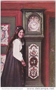 Denmark Woman In Native Costume with Grandfather Clock 1909