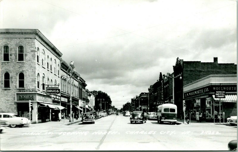 Vtg Postcard 1950s RPPC CHARLES CITY, Iowa IA Main Street Looking