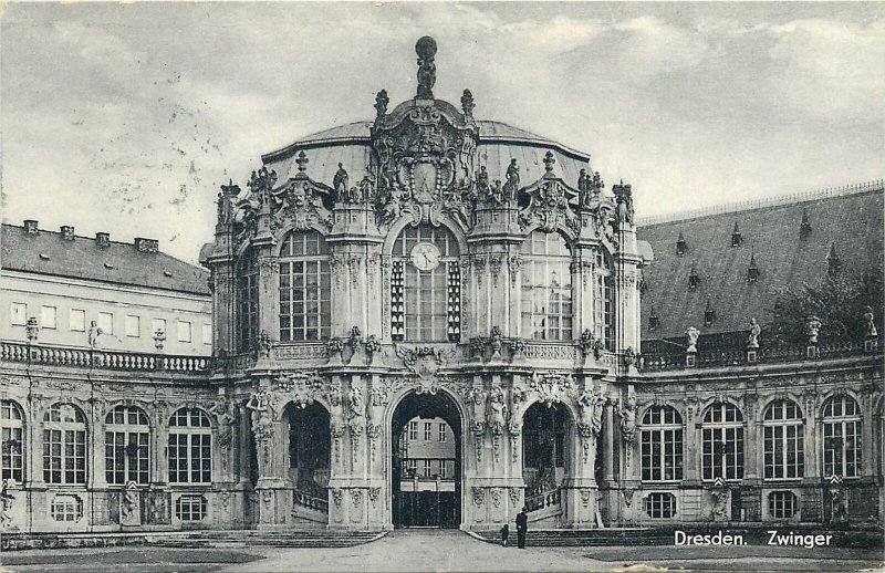 Postcard Germany Dresden zwinger architecture tower clock statue gate windwos