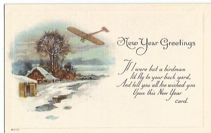 Old Airplane Flying Over frozen creek & barn New Year Postcard