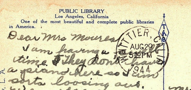 1944 The Public Library Los Angeles California Postcard Standard View Card 