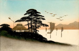 Hand Colored Japanese Postcard Silhouette Boats Birds Trees