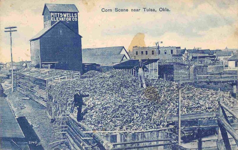 Pitts-Wells Grain Elevator Corn Cribs Near Tulsa Oklahoma 1915 postcard