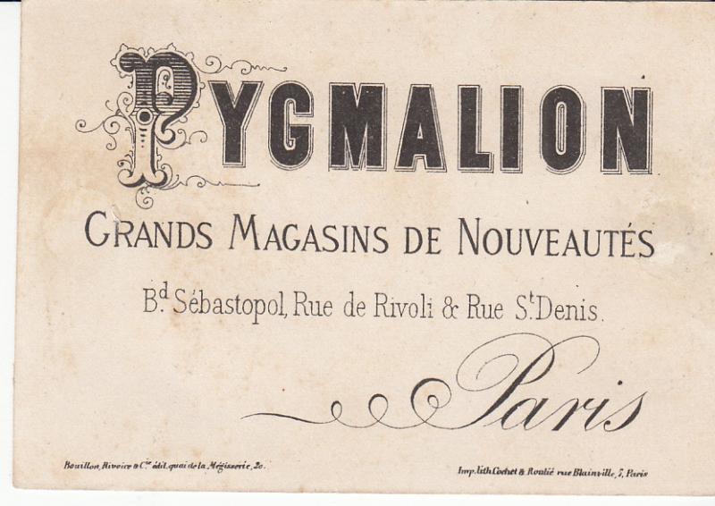 Pygmalion Grands Magasins de Nouveates - Two Trade Cards