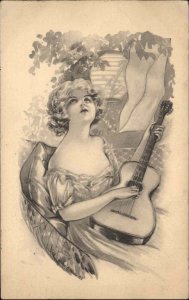 Art Nouveau Beautiful Woman with Guitar c1910 Vintage Postcard