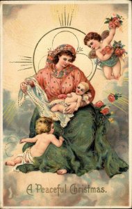 Christmas Mary with Baby Jesus Child Angels c1910 Gel Postcard