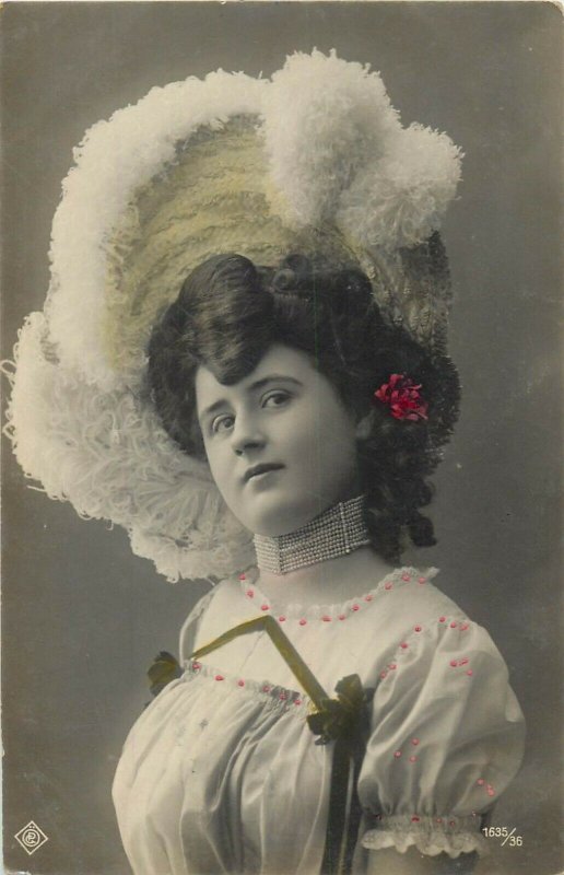 glamour beauty lady fancy feather hat necklace coiffure early postcard