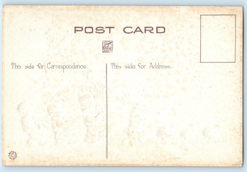 c1910s Easter Greetings Men With Gift Box Lily Flowers Bouquet Embossed Postcard