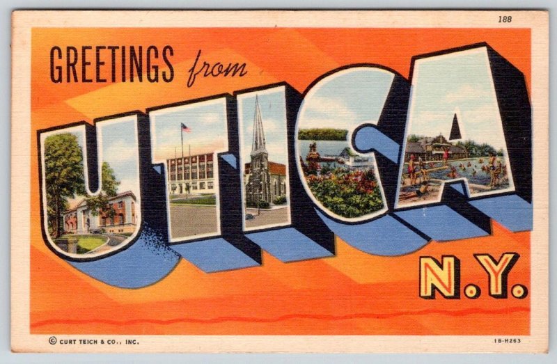 1940-50's GREETINGS FROM UTICA NEW YORK LARGE LETTER VINTAGE LINEN POSTCARD