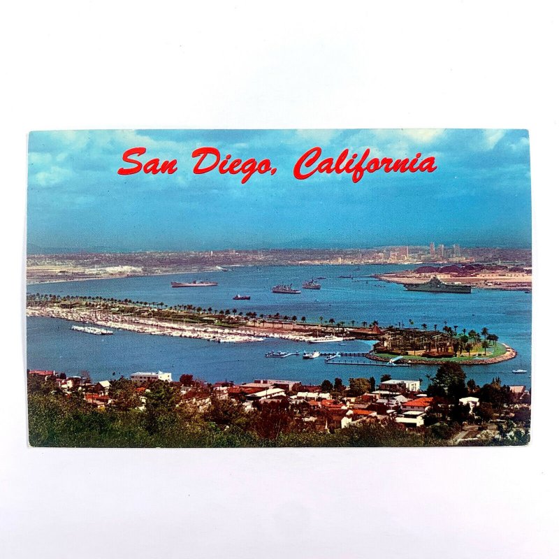 Postcard California San Diego CA Aerial Navy Ships Shelter Island 1960s Chrome