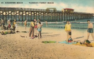 Vintage Postcard 1930's Family Beach Warm Sands Surfing  St. Augustine Florida