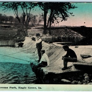 c1910s Eagle Grove, IA Men Fishing Dam Cowans Park Litho Photo Bamboo PC A147