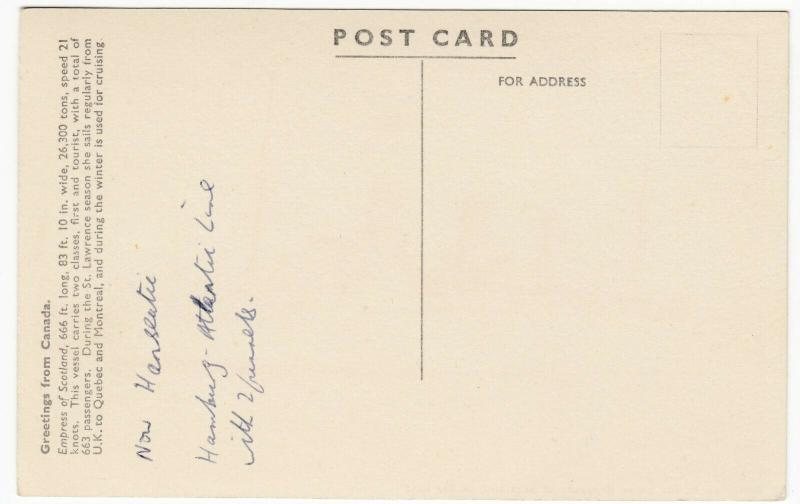 Shipping Canadian Pacific Liner Empress Of Scotland PPC Unused c 1930s