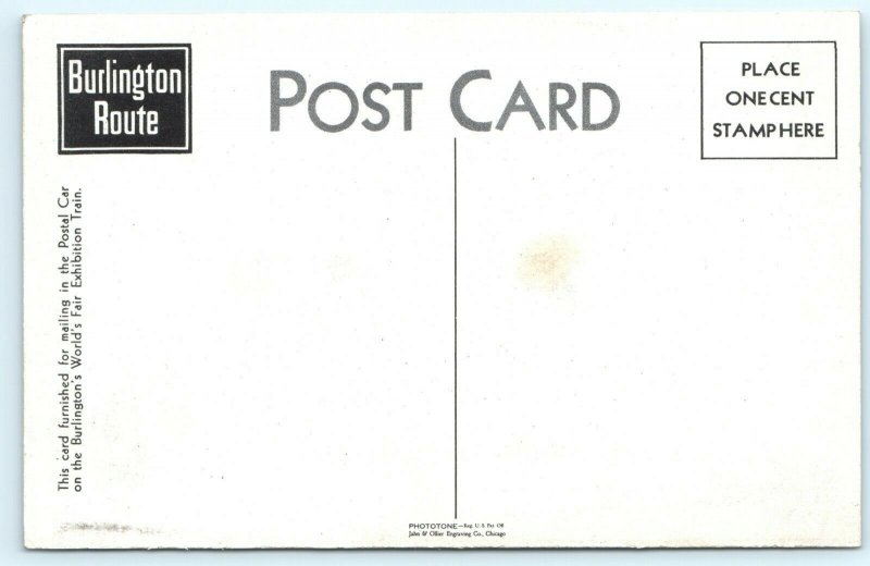 1932 World's Fair Burlington Route Railway Post Office Advertising Postcard A9