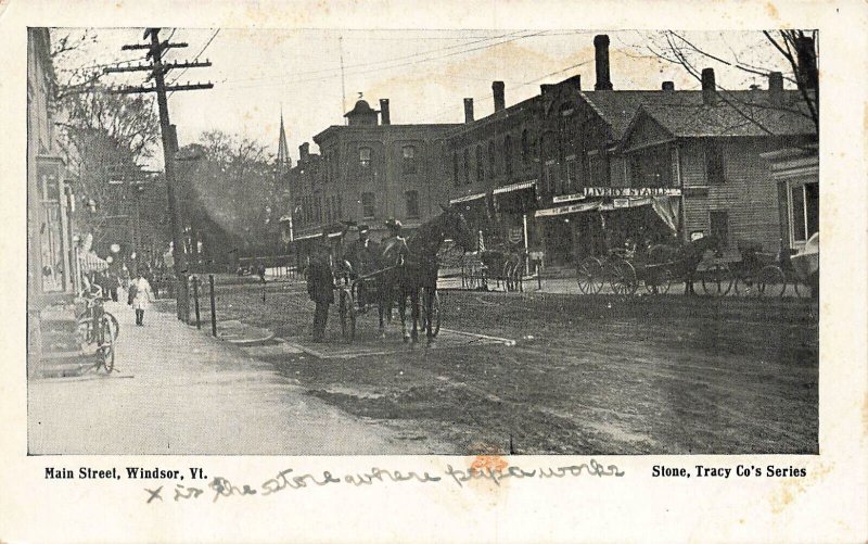 Windsor VT Main Street Horse & Wagons Store Fronts, Postcard